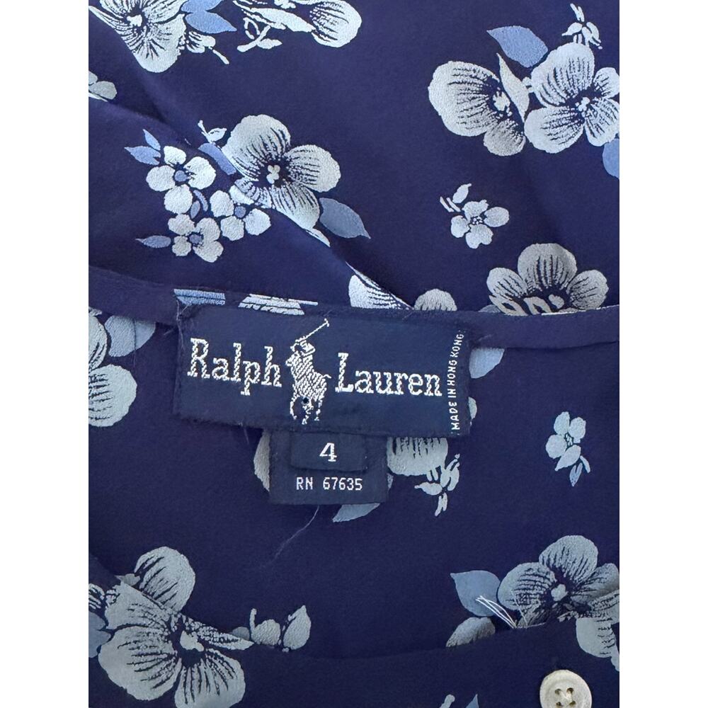 Ralph Lauren Y2K Silk Floral Midi Dress Women’s 4 Navy Button Front 3/4 Sleeve - Picture 3 of 9